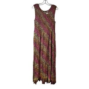 LotusTraders Phillippe Dress Pink Yellow Batik Smocked Maxi Rayon One Size NWT